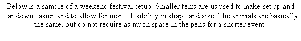 Text Box: Below is a sample of a weekend festival setup. Smaller tents are us used to make set up and tear down easier, and to allow for more flexibility in shape and size. The animals are basically the same, but do not require as much space in the pens for a shorter event. 